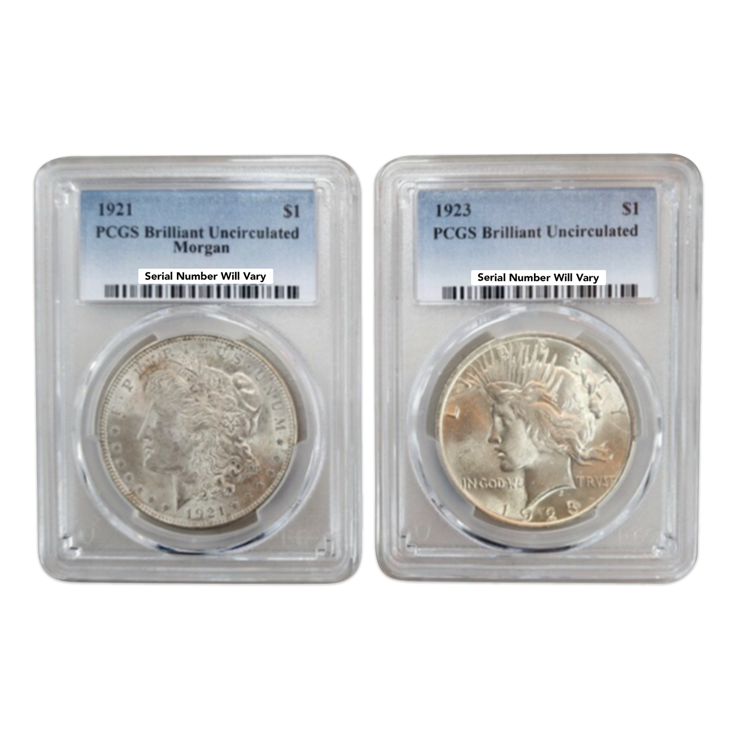 1921 Morgan and 1923 Peace Silver Dollar - 2pc Set - PCGS Brilliant Uncirculated