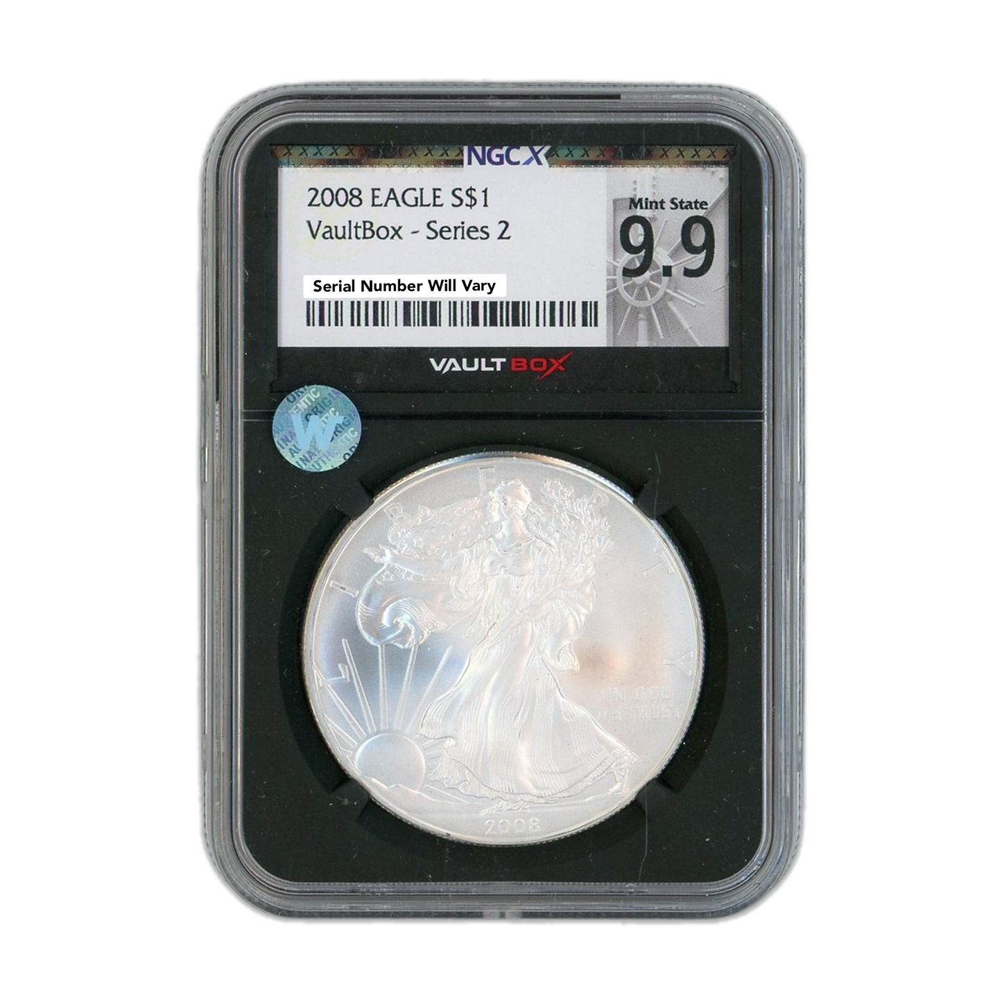2008 Silver Eagle - VaultBox Series 2 - NGCX Mint State 9.9 Sight White - CoinsTV