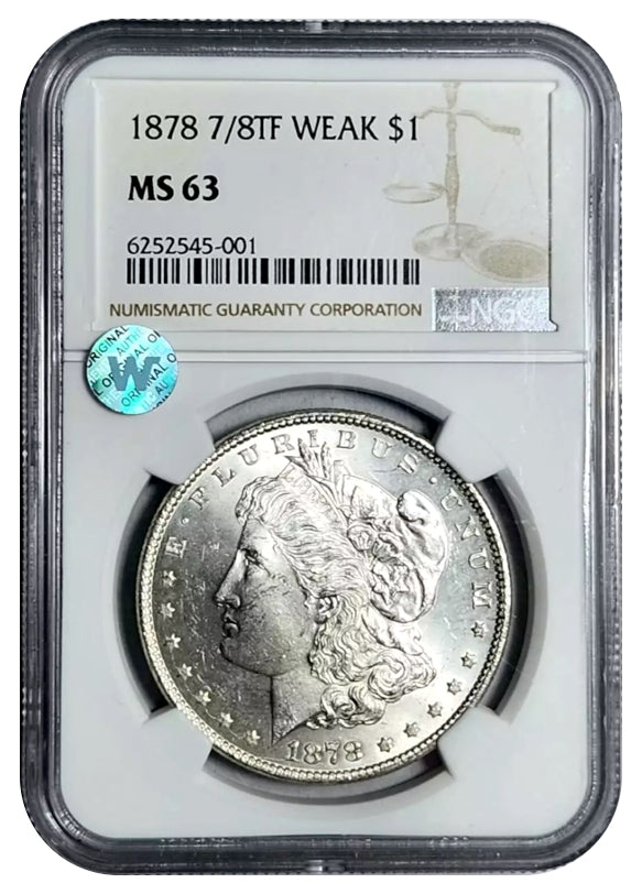 1878 Morgan Silver Dollar 7/8 Tailfeathers - Weak - NGC MS63 Sight White
