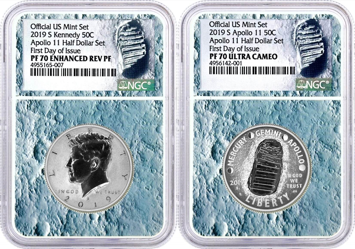 2019 S Apollo 11 50th Anniversary Kennedy & Moon Core with Mission Patch Half Dollar - 2 pcs Set - NGC PF70 First Day of Issue