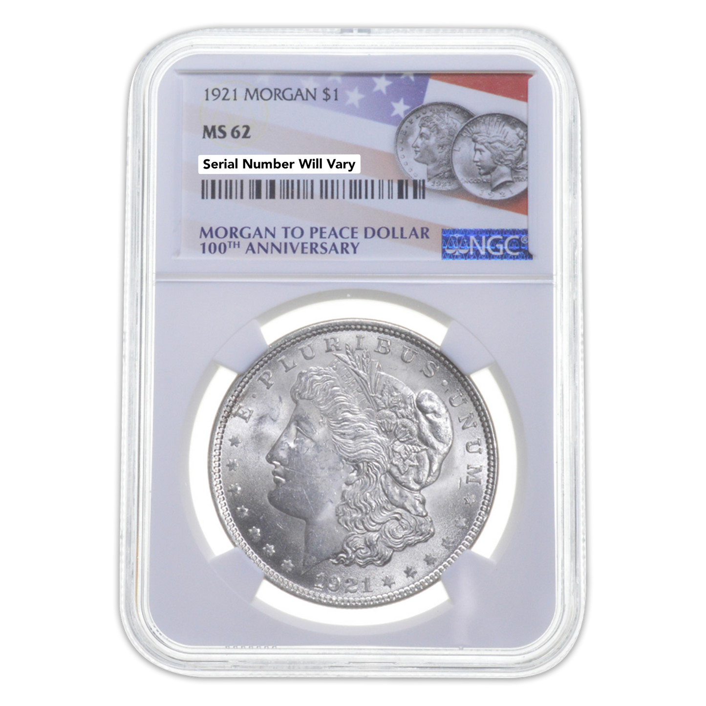 1921 Morgan Silver Dollar Philadelphia - NCG MS62 - Morgan to Peace 100th Anniversary Label