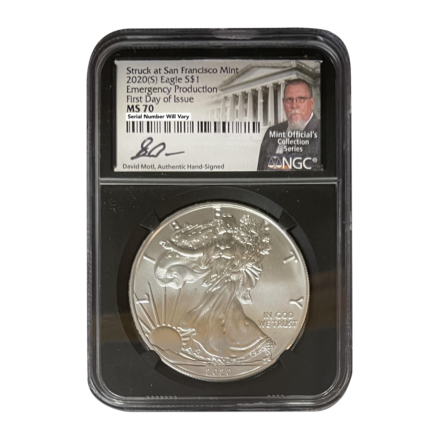 2020 S Silver Eagle NGC MS70 First Day of Issue Motl Signature