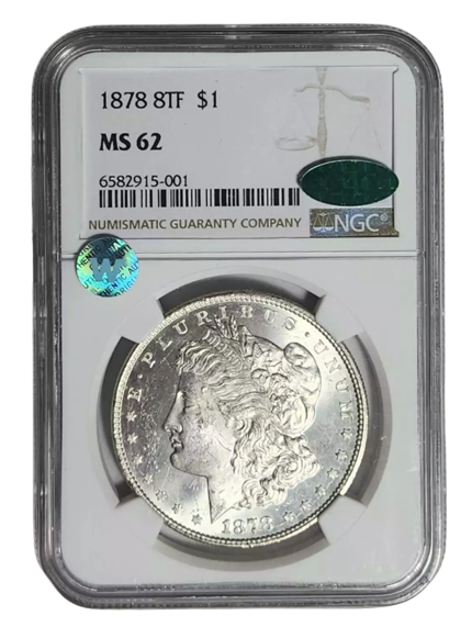1878 Morgan Silver Dollar 8 Tailfeather - CAC - NGC MS62 Sight White
