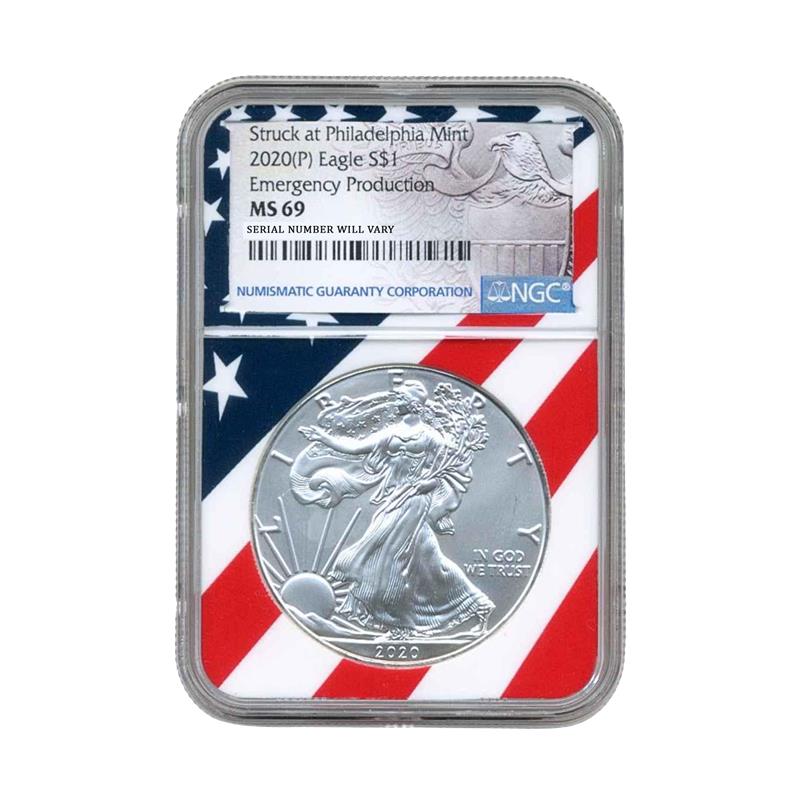 2020(P) Silver Eagle - Emergency Production Limited Flag Core - NGC MS69