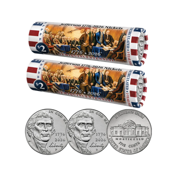 1776-2026 P or D America 250 Roll: Jefferson Nickel in Color Wrapper