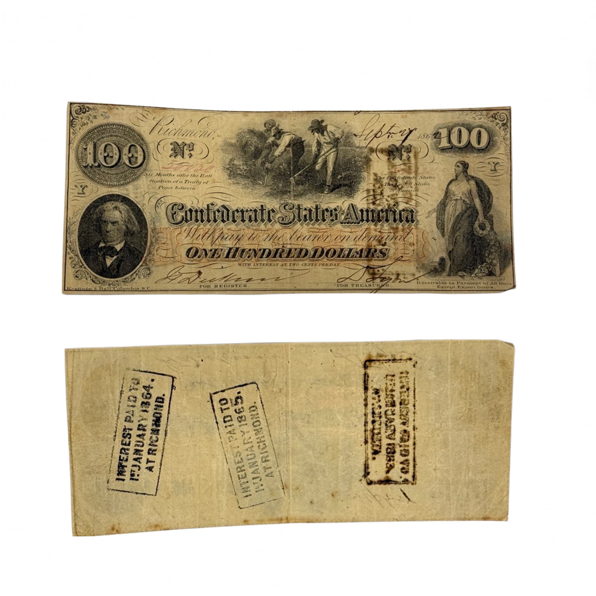 $100 Civil War-era Confederate States of America Banknote