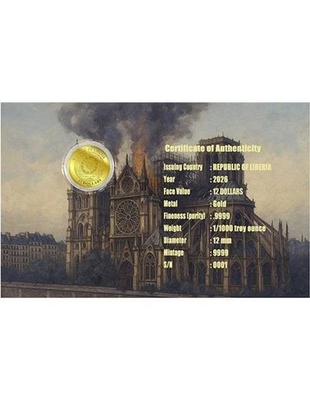 2025 Liberia Notre Dame 1/1000 oz Gold Coin in Card