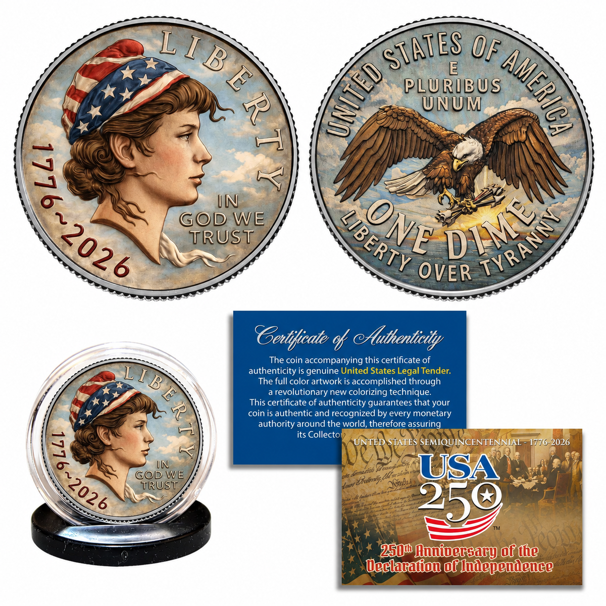 USA 250th Anniversary Liberty Dime - Full-Color Colorized Collector Coin