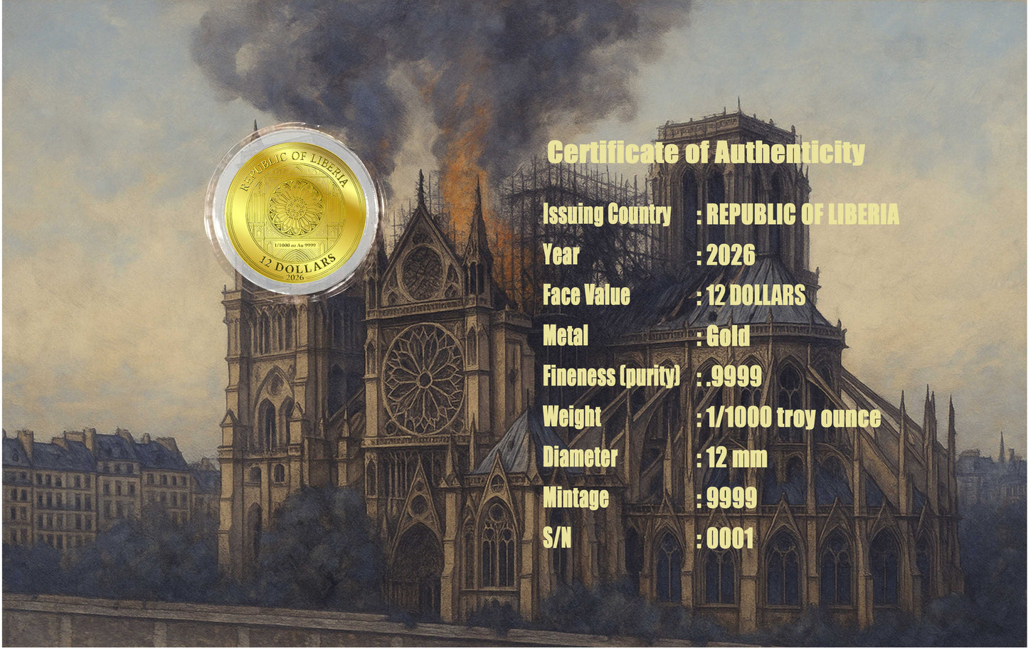 2025 Liberia Notre Dame 1/1000 oz Gold Coin in Card