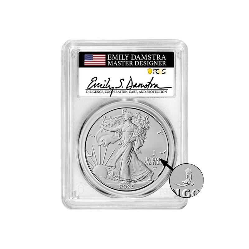 2025(P) Silver Eagle - Eagle Privy - PCGS MS70 FDOI Emily Damstra Signed - CoinsTV