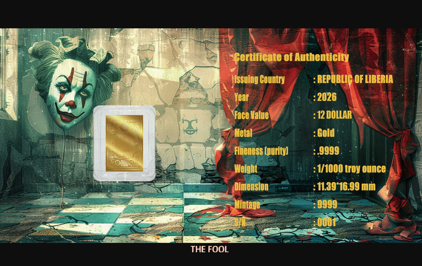 2026 Liberia Tarot Card - The Fool 1/1000 oz Gold Coin in Card