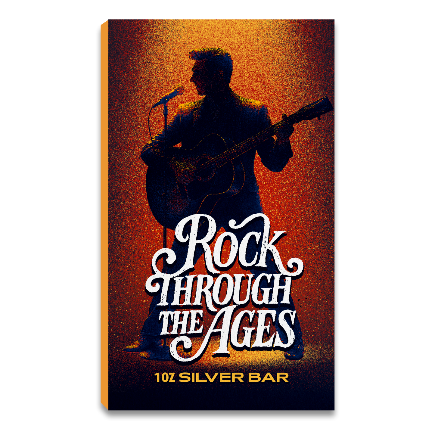 Front view of Rock Through the Ages 1950s 1 oz silver bar
