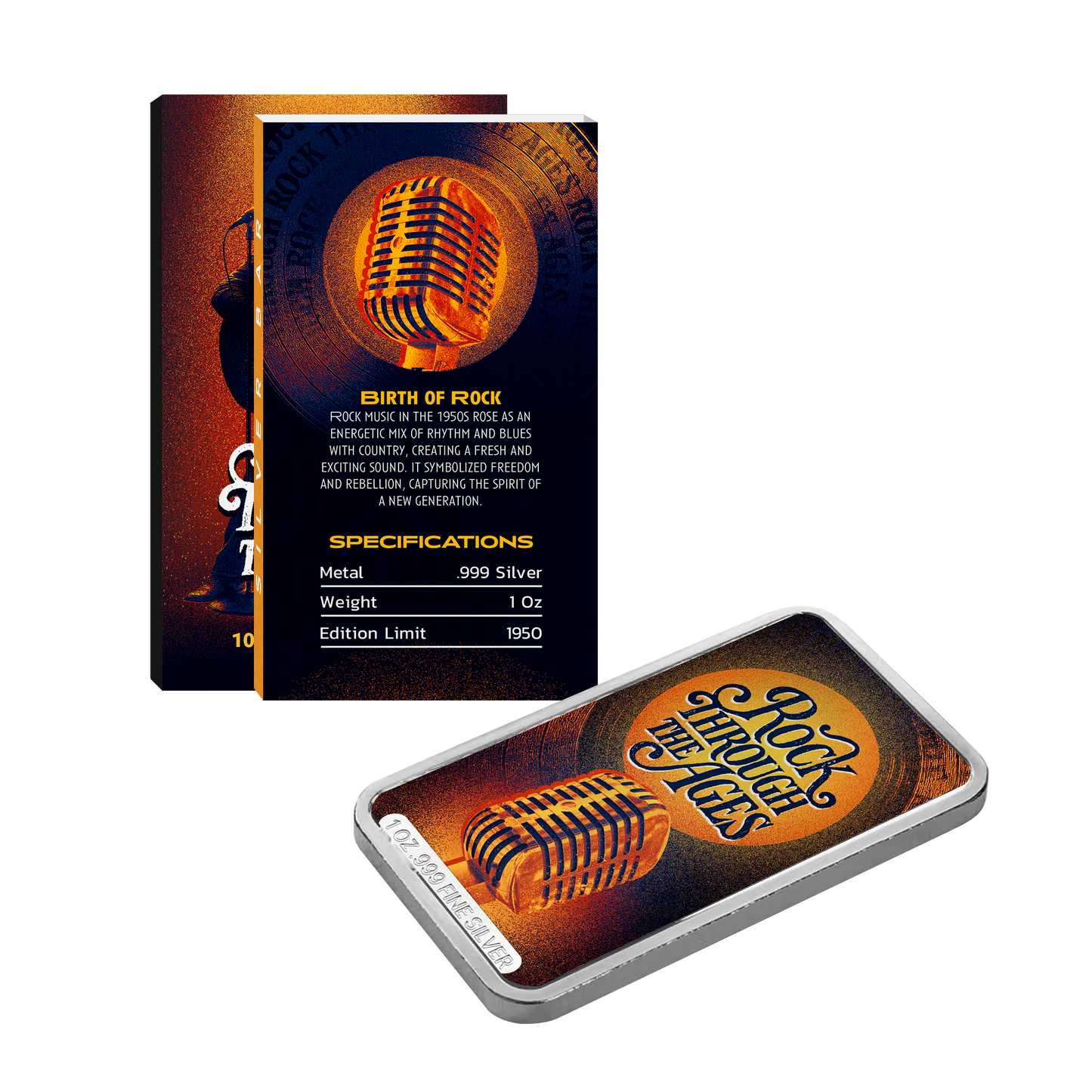 Limited edition Rock Through the Ages silver bar with packagin