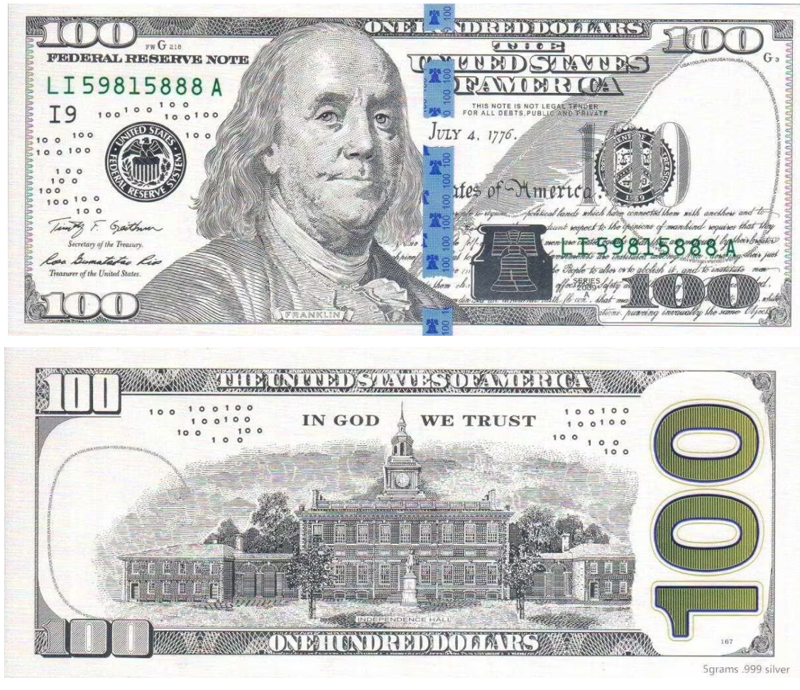 U.S. $100 Bill Replica 5g Silver Foil Note - CoinsTV