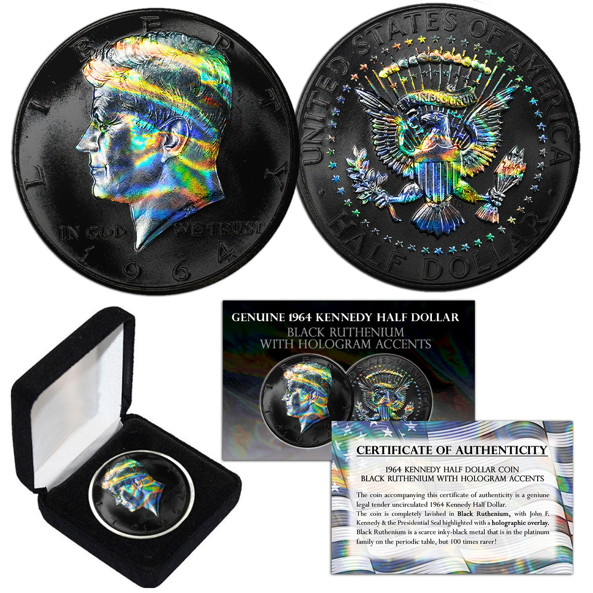 Black Ruthenium 2022 JFK Half Dollar - 24K Gold Plated Denver Mint Coin With Display Case