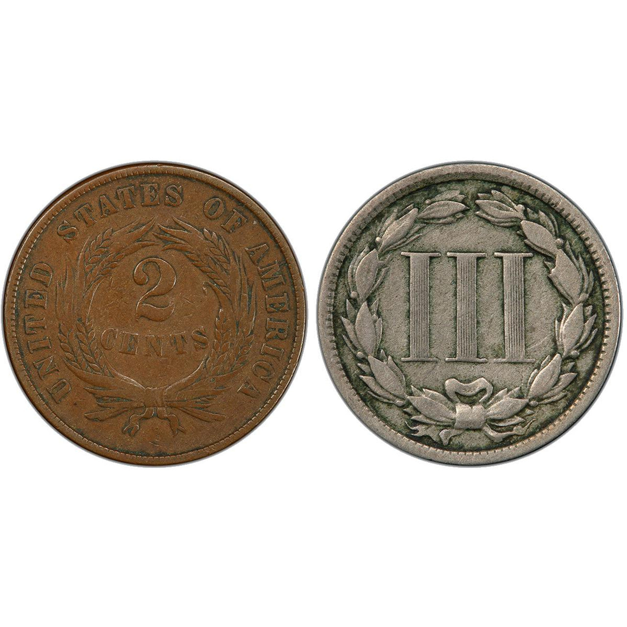 1865 2 Cent & 3 Cent Piece - End of the Civil War 2pc Set - CoinsTV