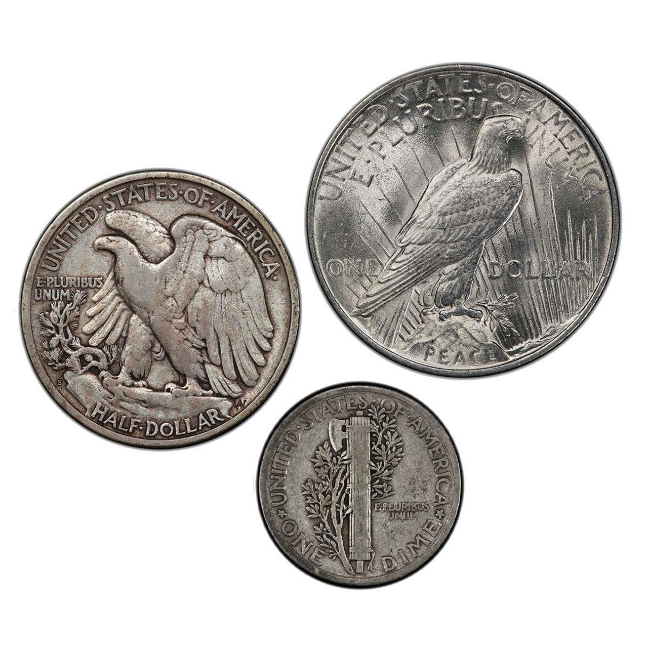 1923 Peace Dollar Walking Liberty & Mercury Dime - 3 pc Set - CoinsTV