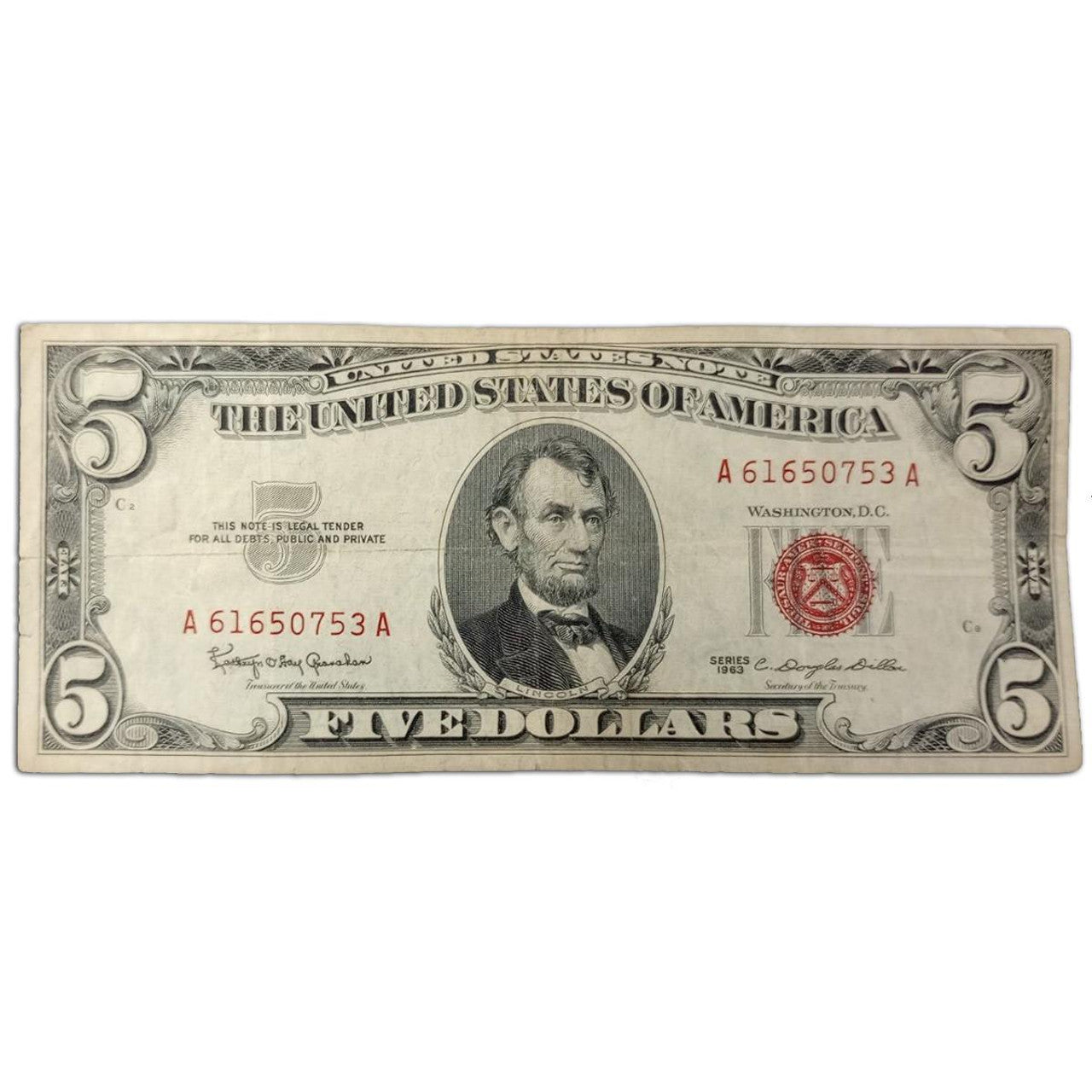1963 $5 Red Seal Note - Last of It's Kind - G to VF