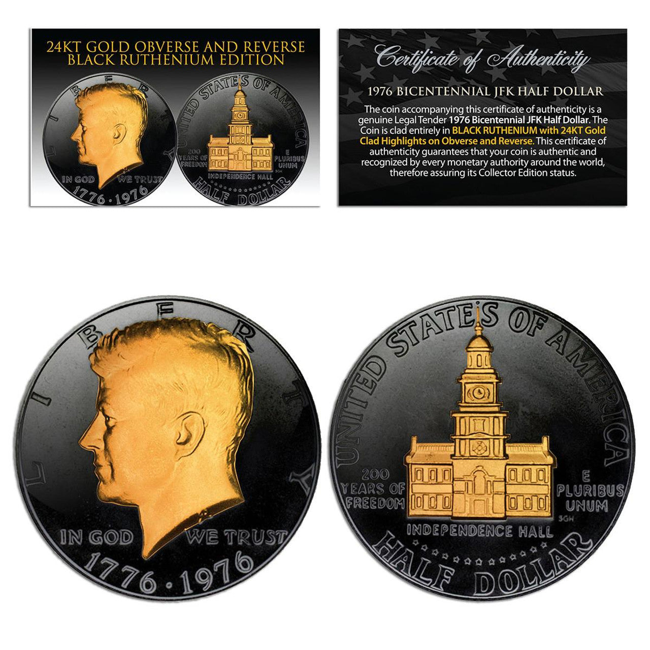 1976 Bicentennial Kennedy Half Dollar Black Ruthenium Plated w/ 24KT Gold Highlights - CoinsTV