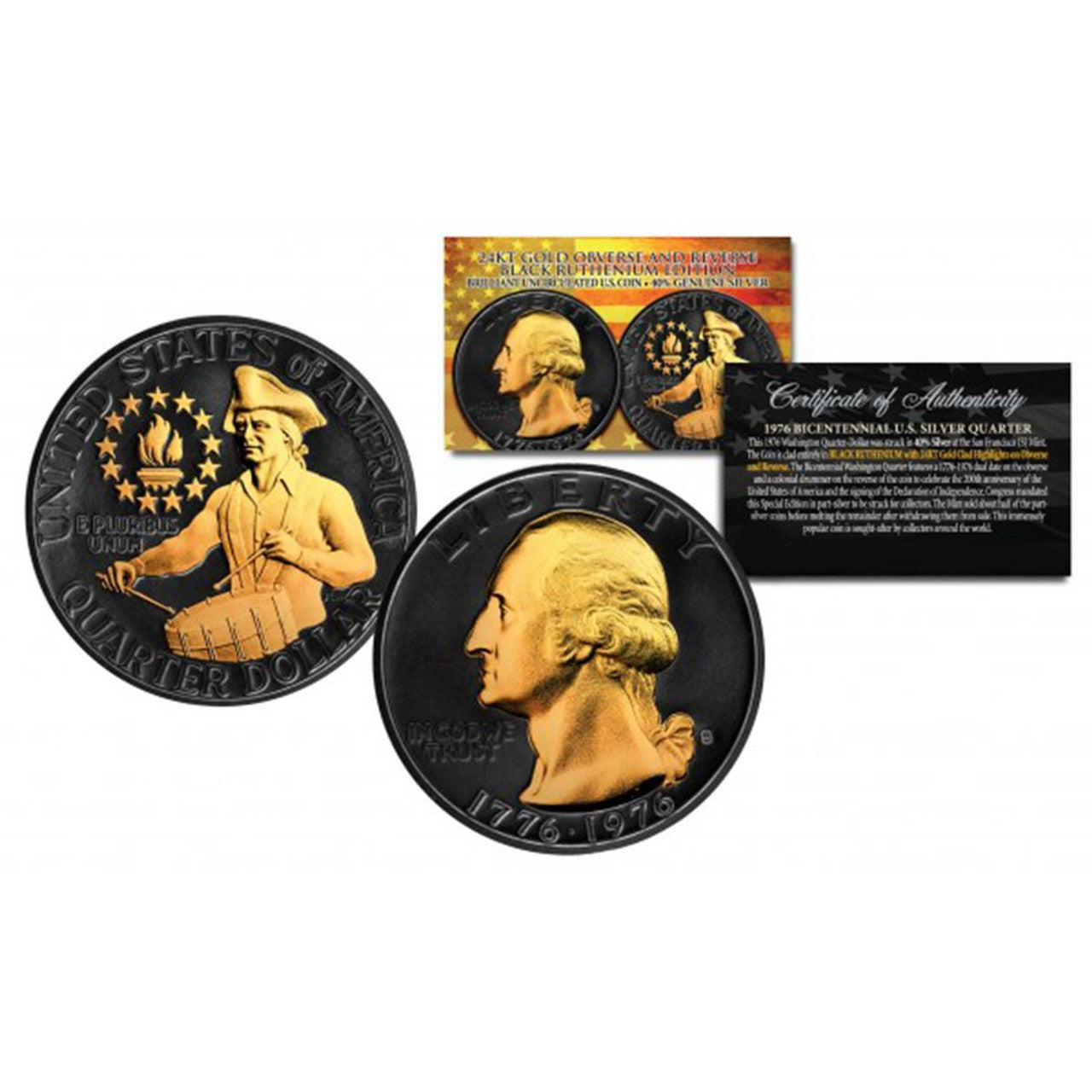 1976-S Washington Bicentennial Quarter Gem BU Genuine - Black Ruthenium & 24kt Gold Enhanced - CoinsTV