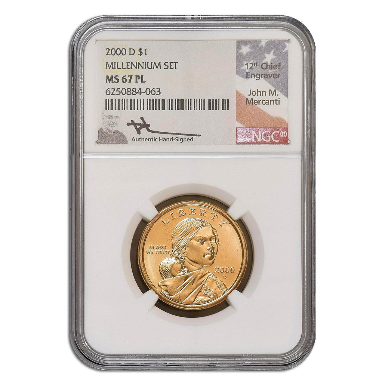 2000-D Sacagawea Dollar Coin NGC MS67 PL Millennium Set - Mercanti Signed