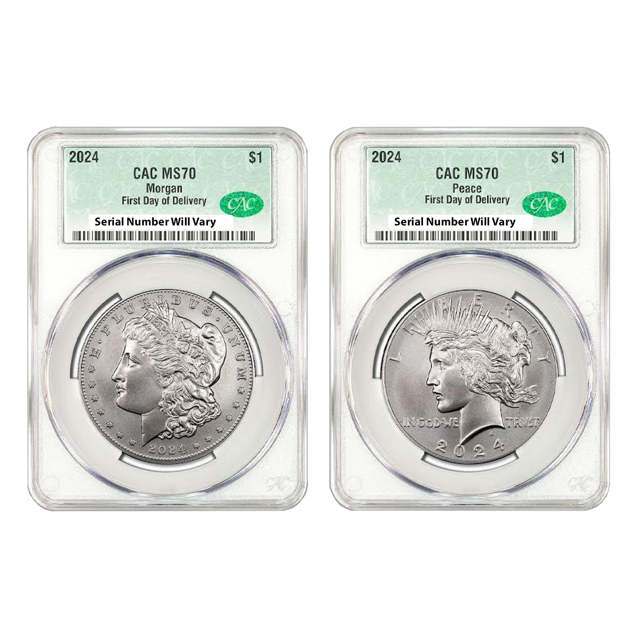 2024 Morgan & Peace Dollar 2pc Set - CAC MS70 First Day of Delivery - CoinsTV