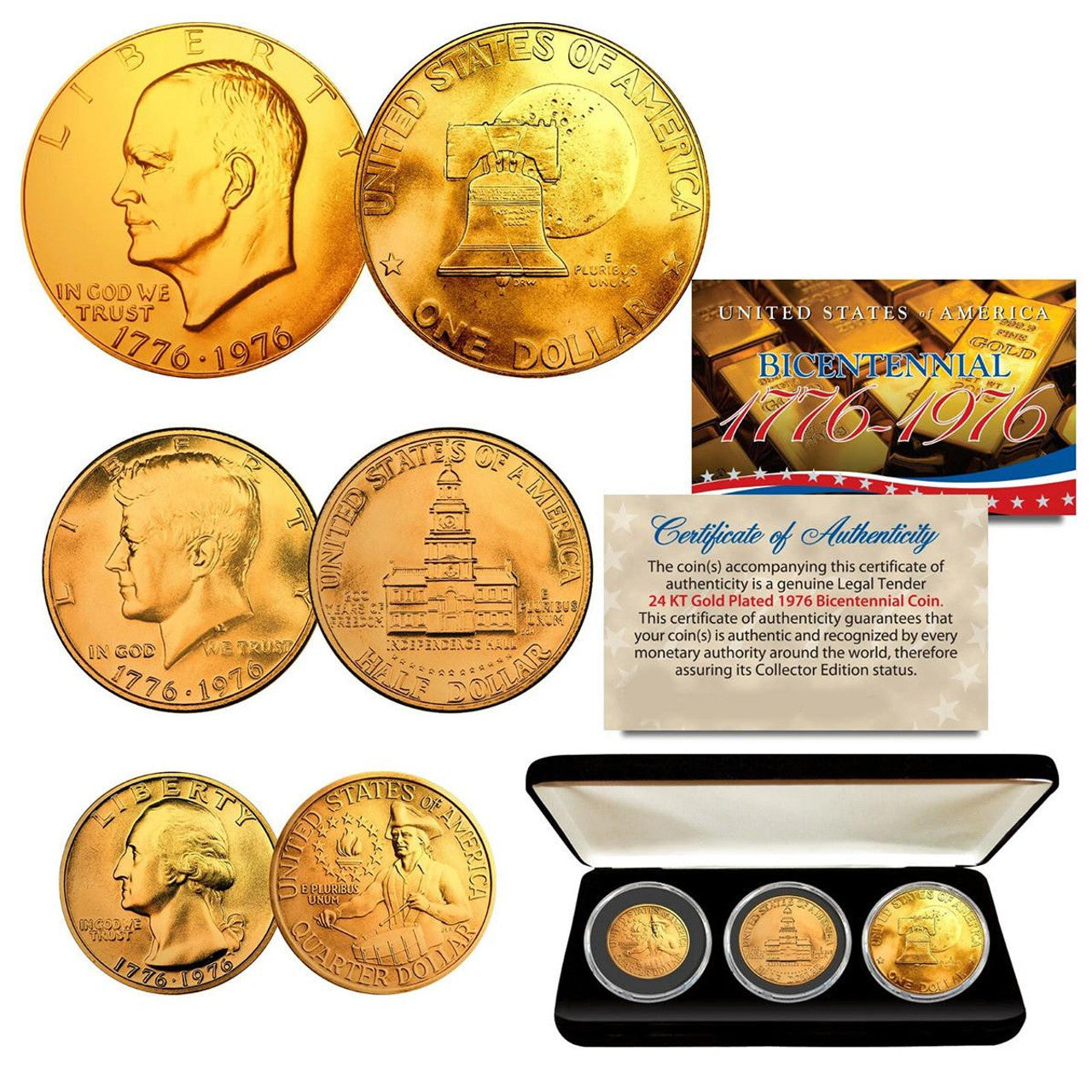 250th 1976 Bi-Centennial 3 Coin Set IKE, JFK, Quarter & 24KT Gold Plated w/Box - CoinsTV