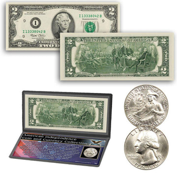 American Independence Coin and Currency Collection - $2 Bank Note & 1976 Bicentennial Washington Quarter