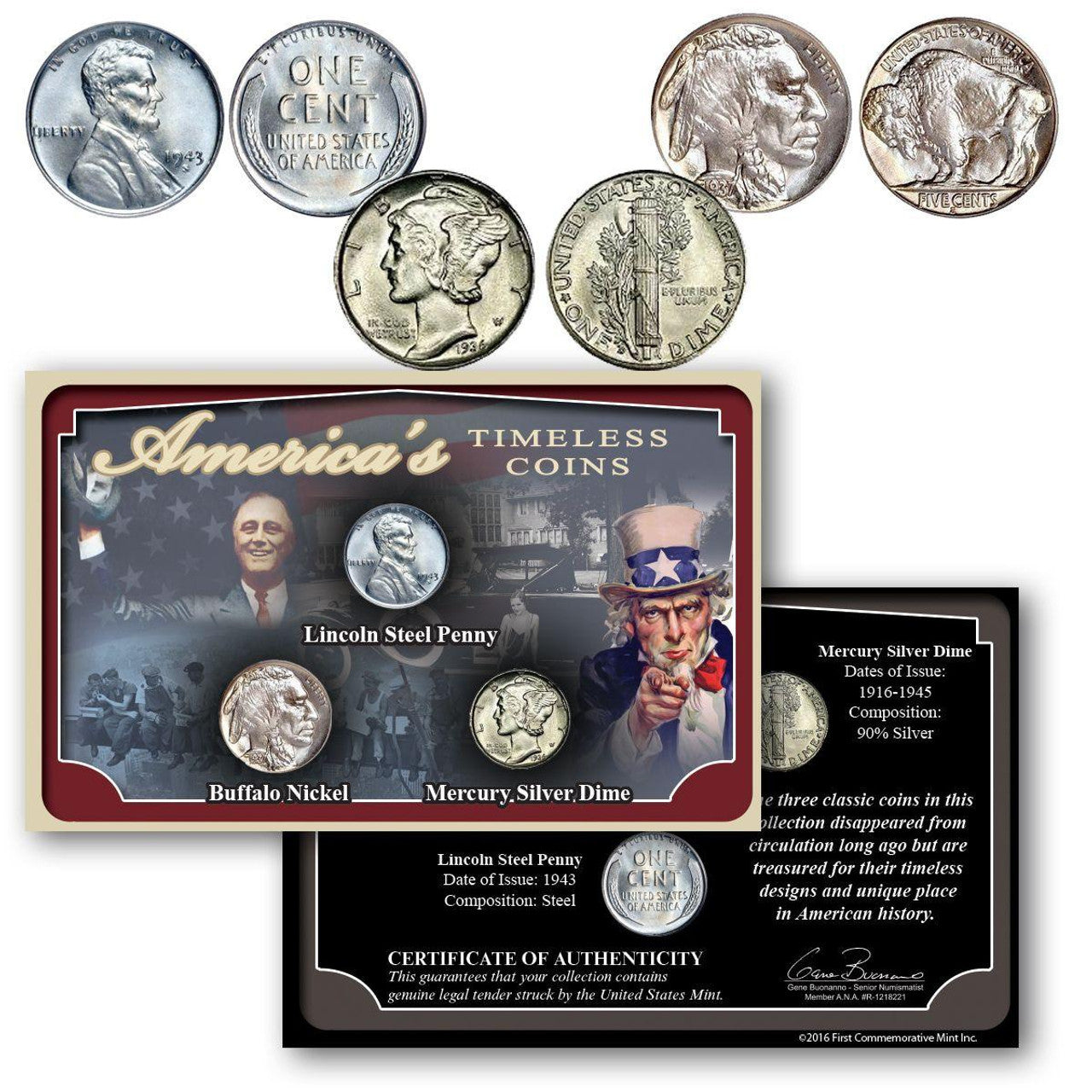 America's Timeless Coins - 1943 Steel Penny, Buffalo Nickel, & Silver Mercury Dime Trio - CoinsTV