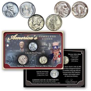 America's Timeless Coins - 1943 Steel Penny, Buffalo Nickel, & Silver Mercury Dime Trio