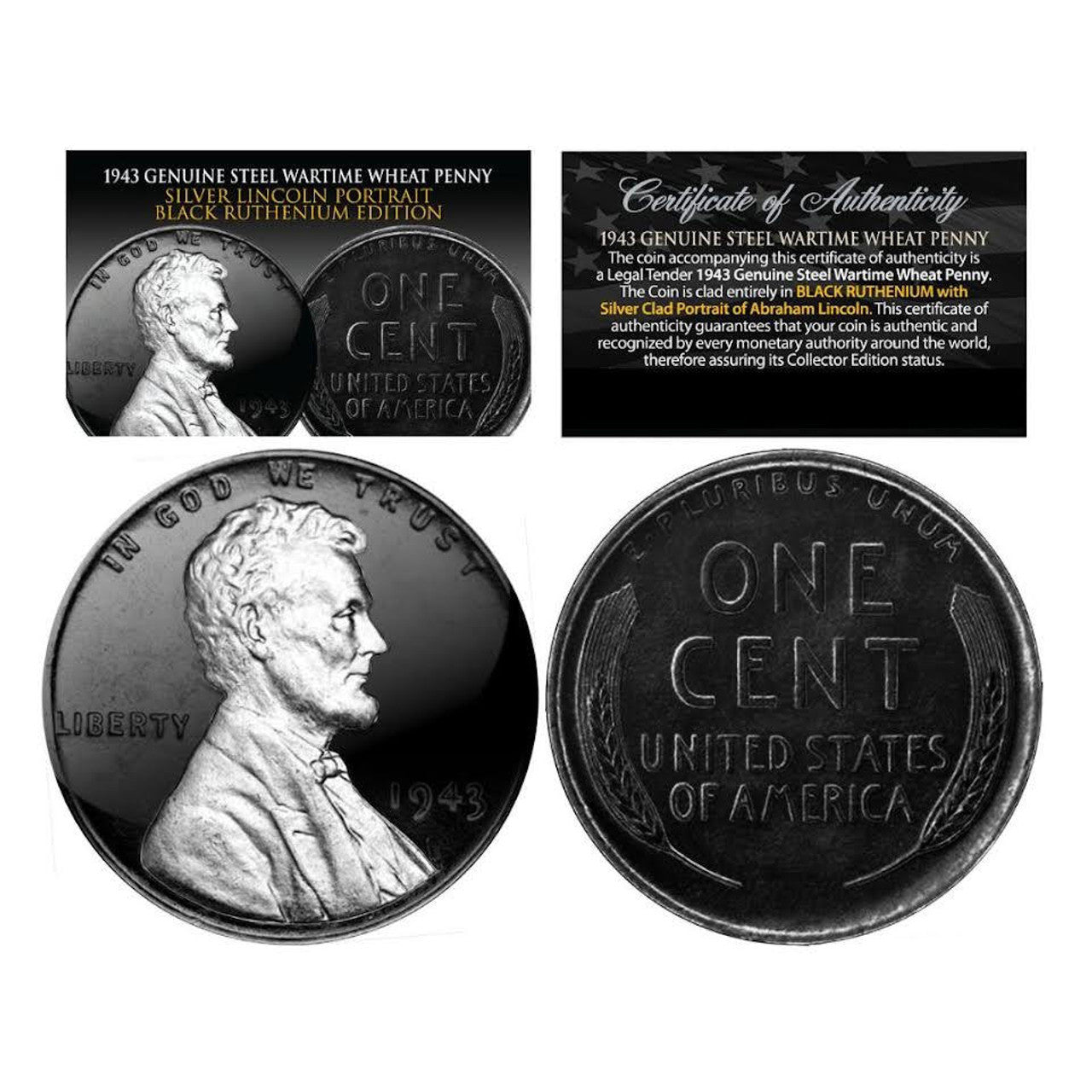1943 Lincoln Steel Cent - Black Ruthenium & Silver Enhance - CoinsTV