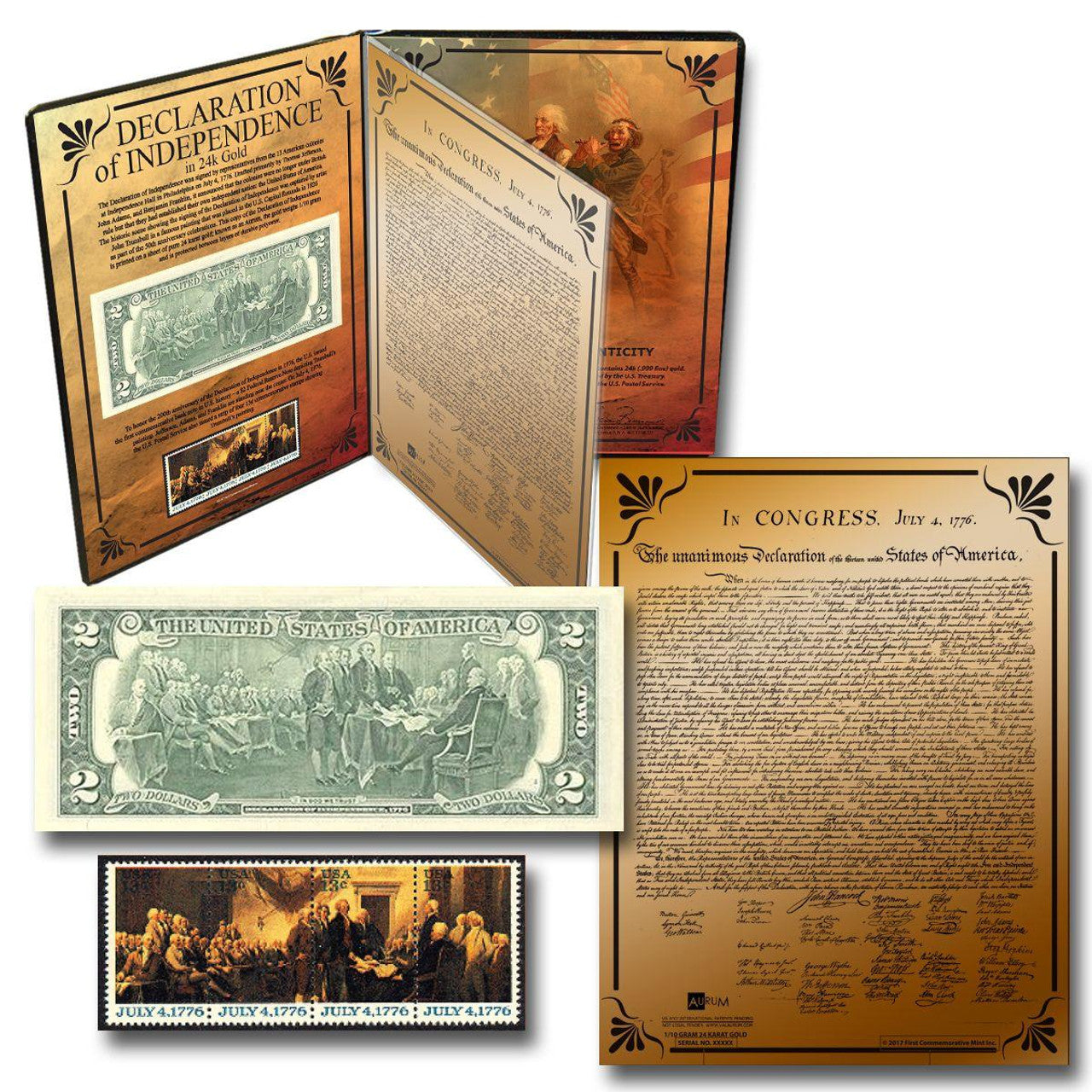 Declaration of Independence Commemorative 24k Aurum - $2 Federal Reserve Note and Stamp Set - CoinsTV