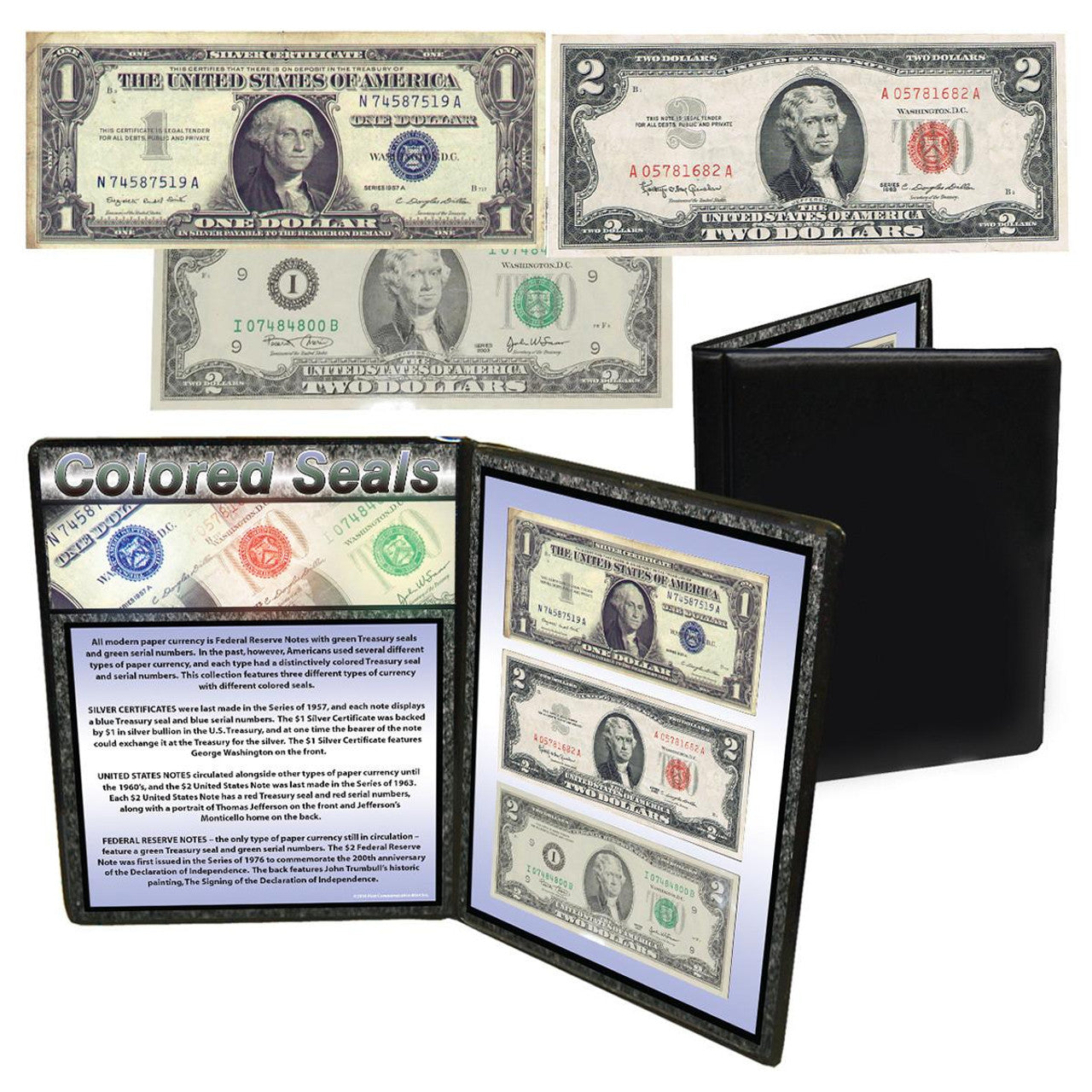 $1, $2, $2 Silver, Red & Green Seal Note - 3pc Collection In Album - CoinsTV