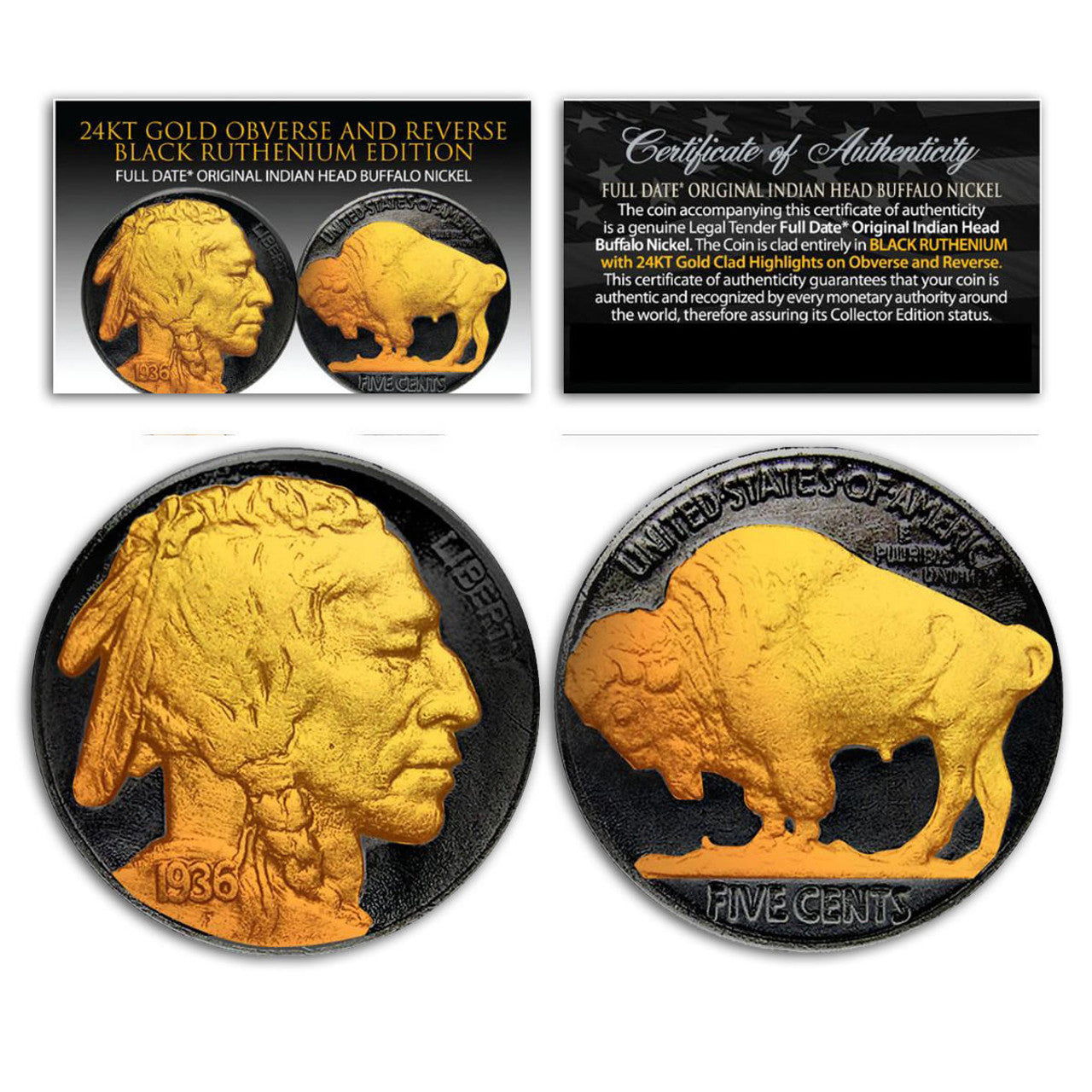 Full Date Buffalo Nickel - Random Year - Black Ruthenium & 24k Gold Enhanced - CoinsTV