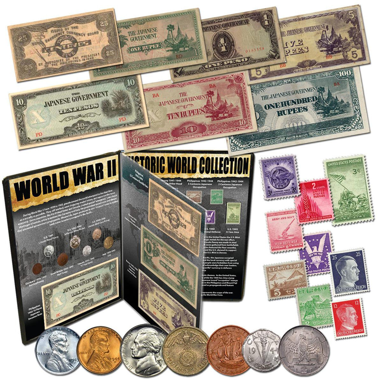 WWII Historic 23-Piece Coin, Note & Stamp World Collection - CoinsTV