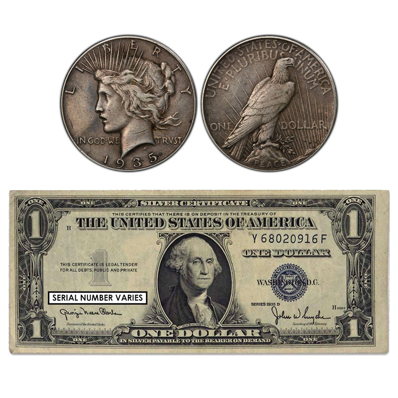 1935 Peace Dollar and Silver Certificate - 2 pc Set - CoinsTV
