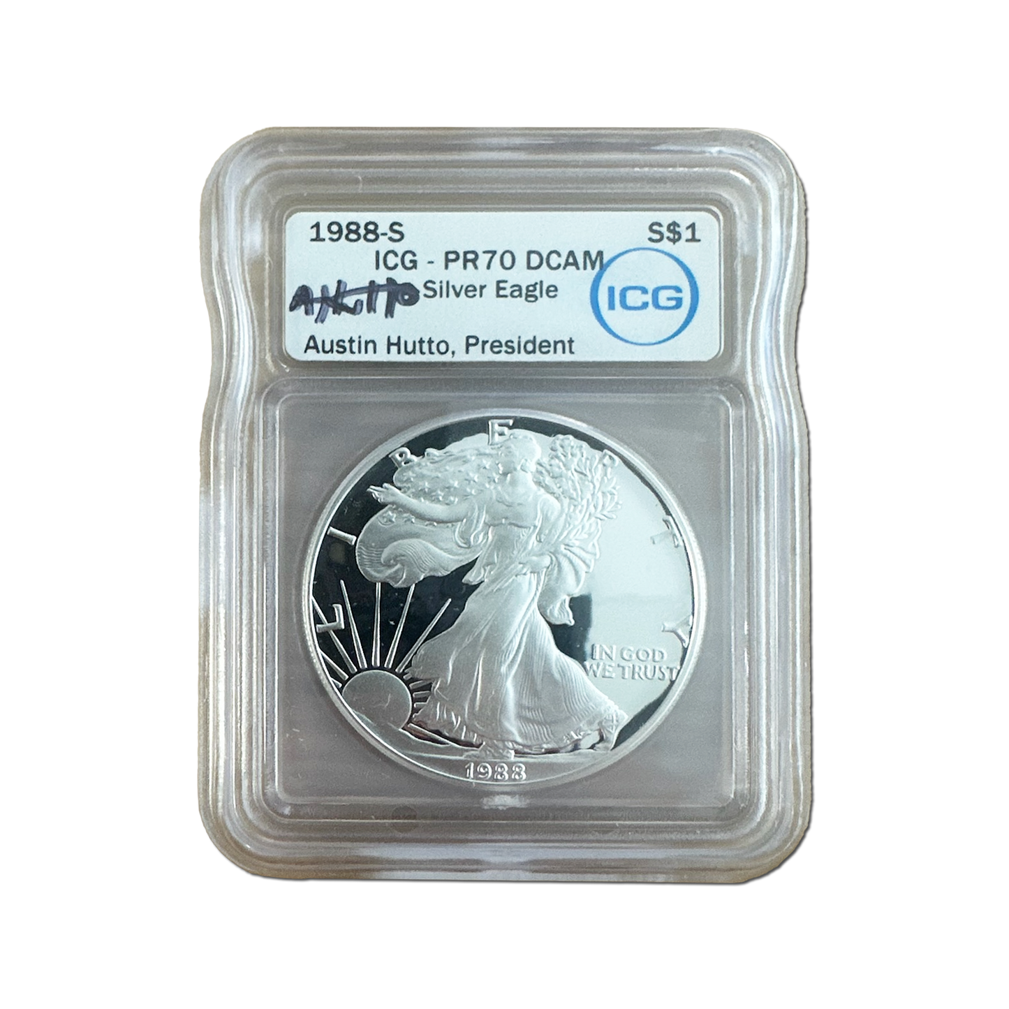 1988-S Silver Eagle - Austin Hutto Signature Label - ICG PR70 DCAM