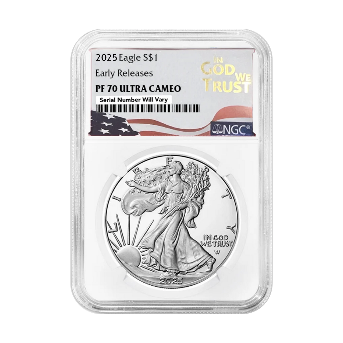 2025 Silver Eagle - Early Release In God We Trust Label - NGC PF70 Ultra Cameo