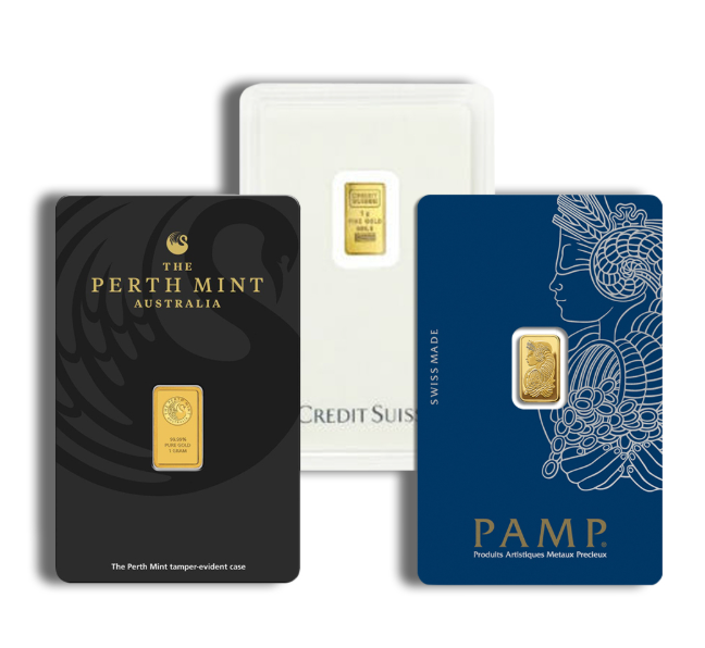 1 gram Gold Bar - Brand Varies (Carded) - CoinsTV
