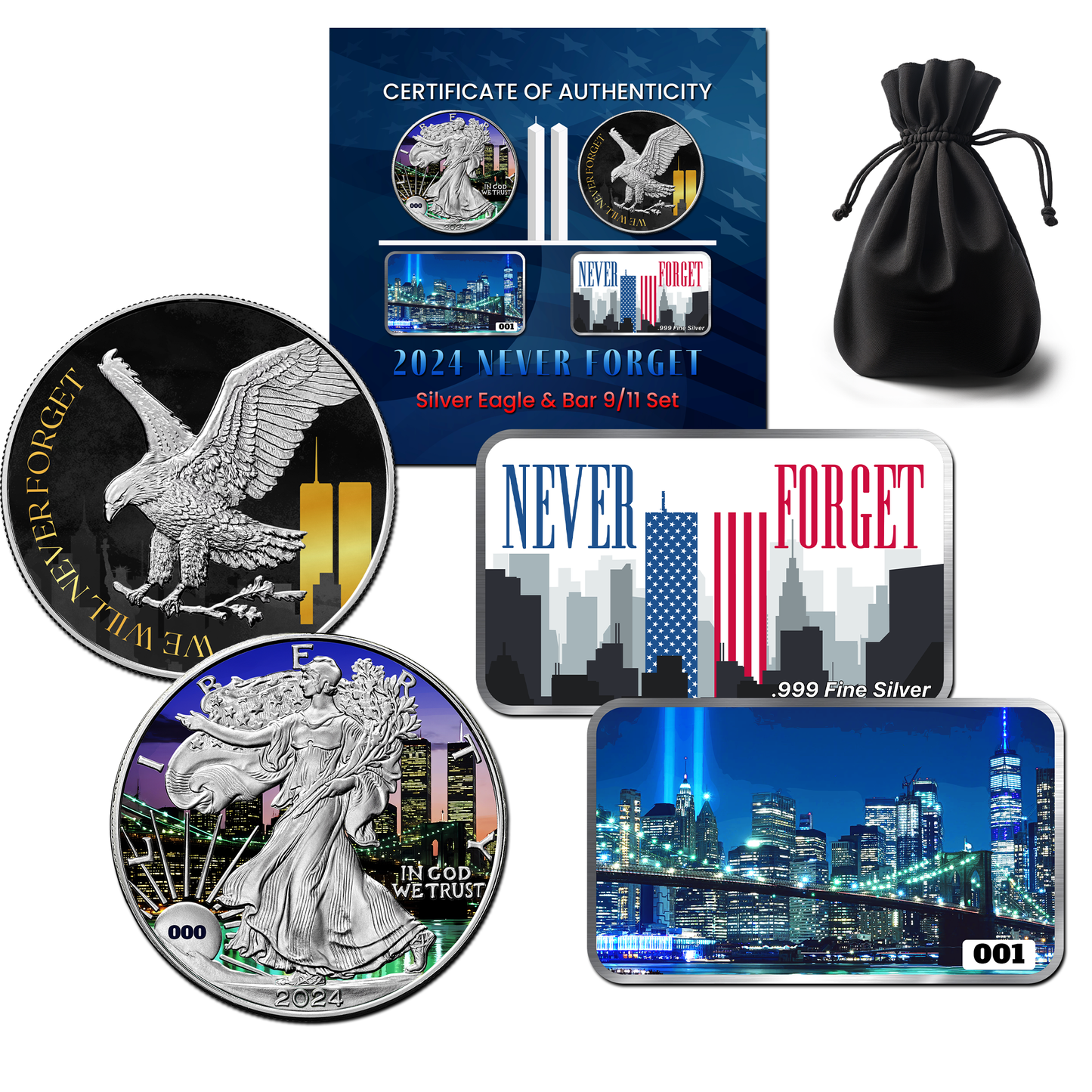 2024 Chromatics Never Forget Silver Eagle & Bar 9/11 Set - CoinsTV