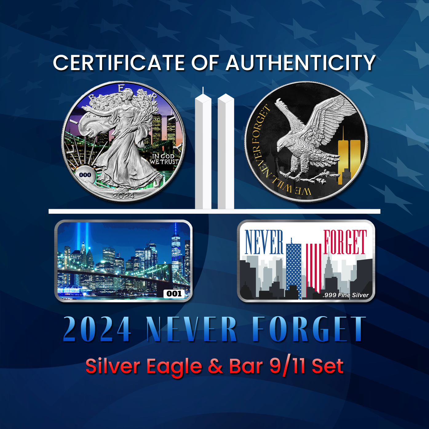 2024 Chromatics Never Forget Silver Eagle & Bar 9/11 Set - CoinsTV