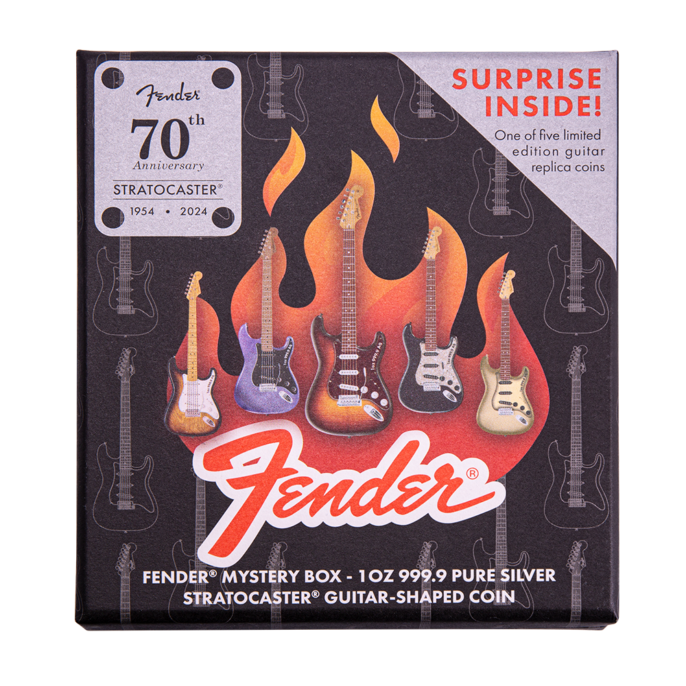 2024 Fender Stratocaster Mystery Box 70th Anniversary 1 Oz Silver - CoinsTV