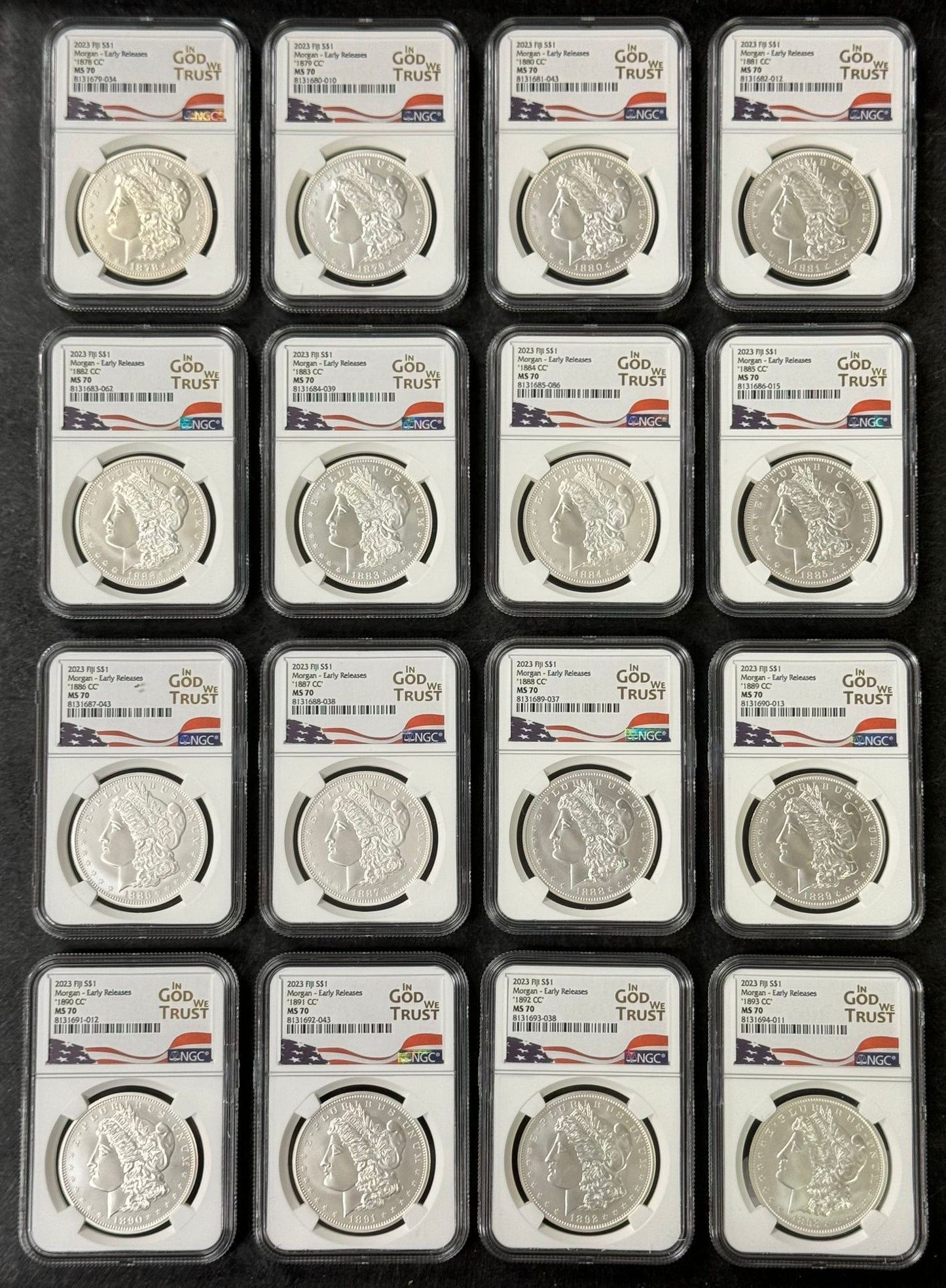 2023 Fiji Morgan Dollar Carson City 16 coin Set- NGC MS70 In God We Trust Label