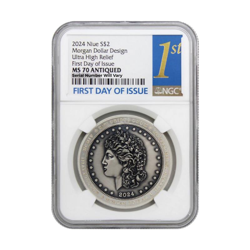 2024 Niue Morgan Dollar UHR - NGC MS70 Antiqued First Day of Issue - CoinsTV