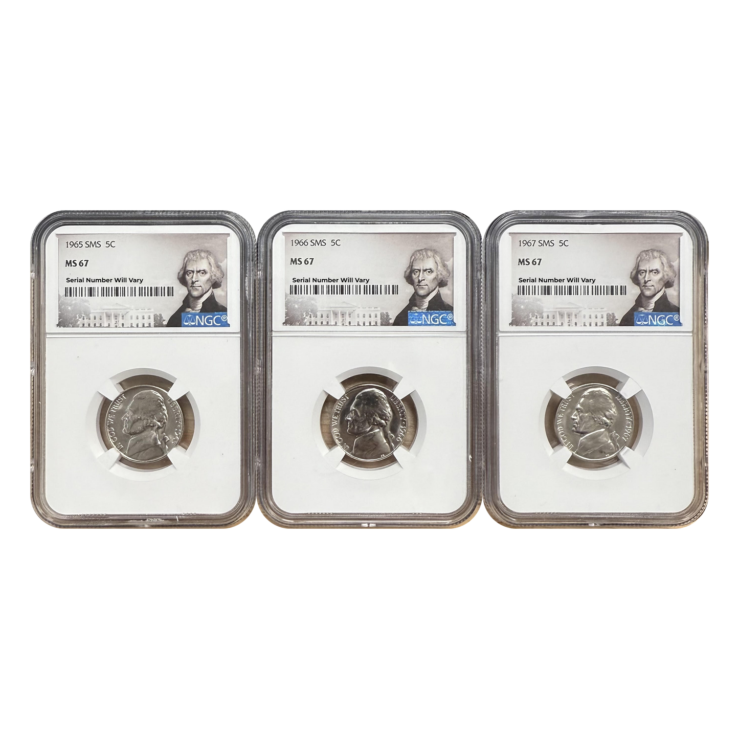 1965-67 Jefferson Nickel - Special Mint Set - NGC MS67 Portrait Label 3 pc. Set - CoinsTV