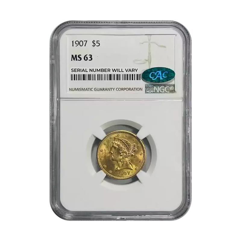 1907 $5 Gold Liberty Head - NGC MS63 CAC - CoinsTV