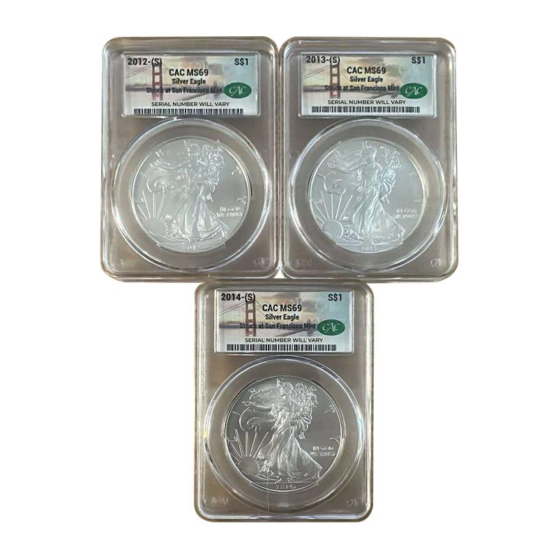 2012-14 Silver Eagle 3 pc Set - San Francisco Label - CAC MS69 - CoinsTV