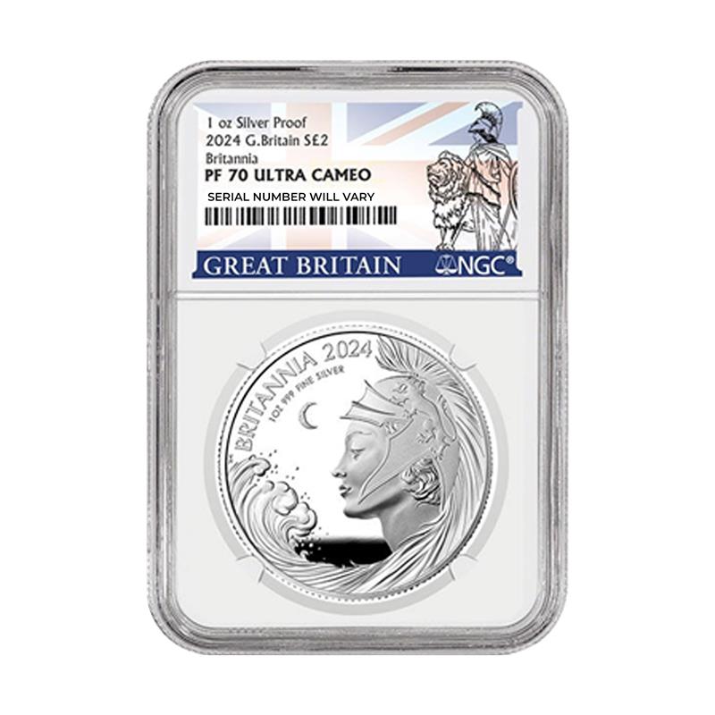 2024 Great Britain Britannia 1 oz Silver Proof - NGC MS70 Britian Flag Label - CoinsTV