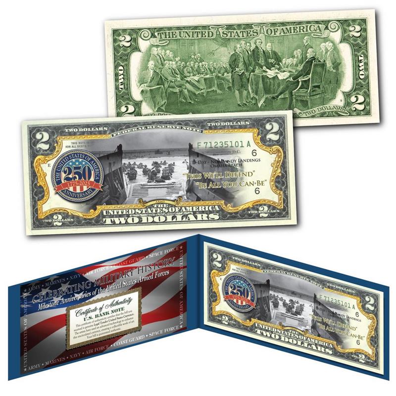 U.S. Genuine Legal Tender $2 Bill Army 250th Ann. Edition - CoinsTV