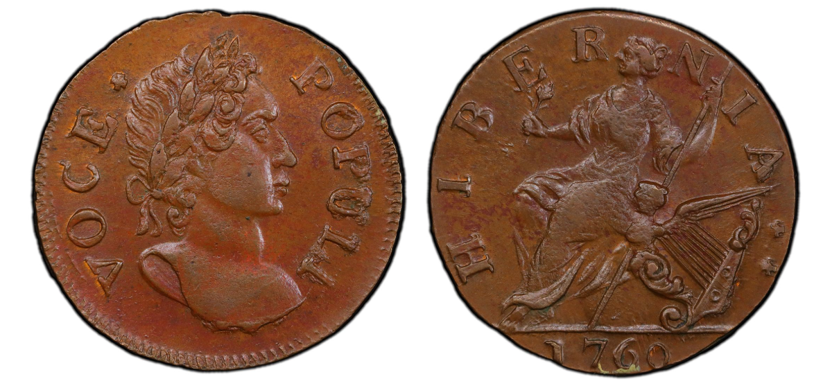 1760 Colonial Hibernia Voce Populi Half Penny - No P Nelson 4 - PCGS AU53 - CoinsTV